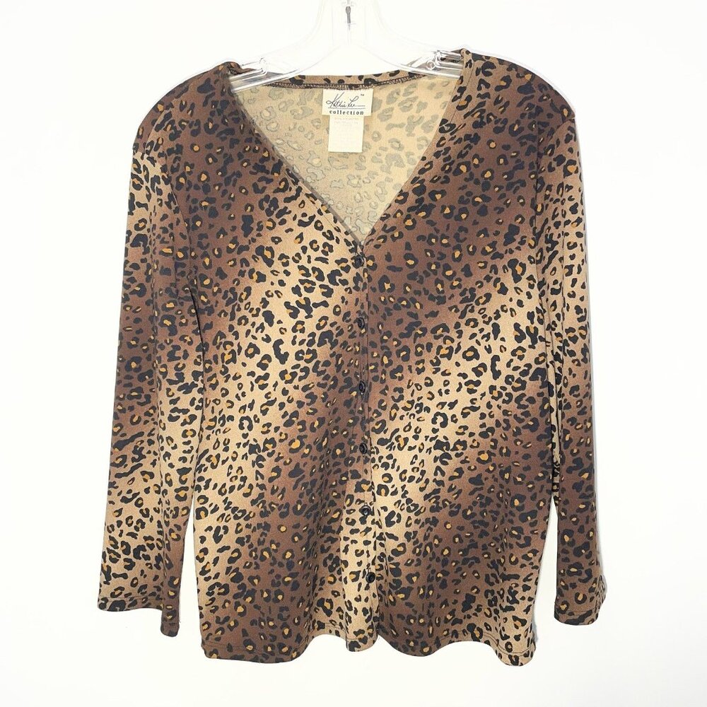 Vintage Kathie Lee Animal Print Long Sleeve Button-Up Blouse V-Neck Womens Large